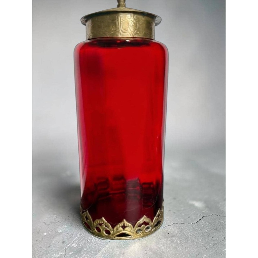 Vintage red ruby glass jar with lid Brass Filigree Hollywood Regency Vase Urn